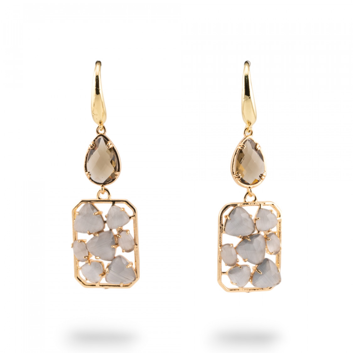 Orecchini A Monachella Di Bronzo Con Occhio Di Gatto E Cristalli CZ Grigio-BRONZE CRISTAL | Worldofjewel.com