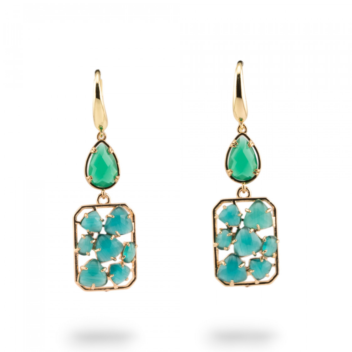 Orecchini A Monachella Di Bronzo Con Occhio Di Gatto E Cristalli CZ Verde-CRYSTAL BRONZE | Worldofjewel.com