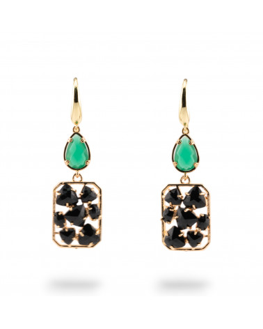Orecchini A Monachella Di Bronzo Con Occhio Di Gatto E Cristalli CZ Verde e Nero-BRONZE CRISTAL | Worldofjewel.com