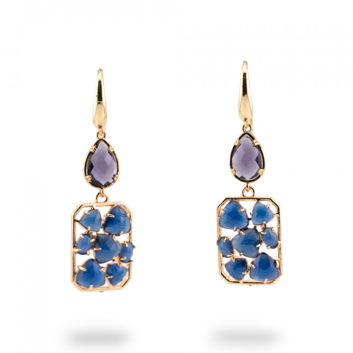 Orecchini A Monachella Di Bronzo Con Occhio Di Gatto E Cristalli CZ Viola e Blu-BRONZE CRISTAL | Worldofjewel.com