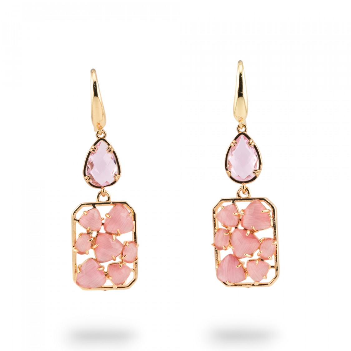 Orecchini A Monachella Di Bronzo Con Occhio Di Gatto E Cristalli CZ Viola e Rosa-BRONZO CRYSTAL | Worldofjewel.com