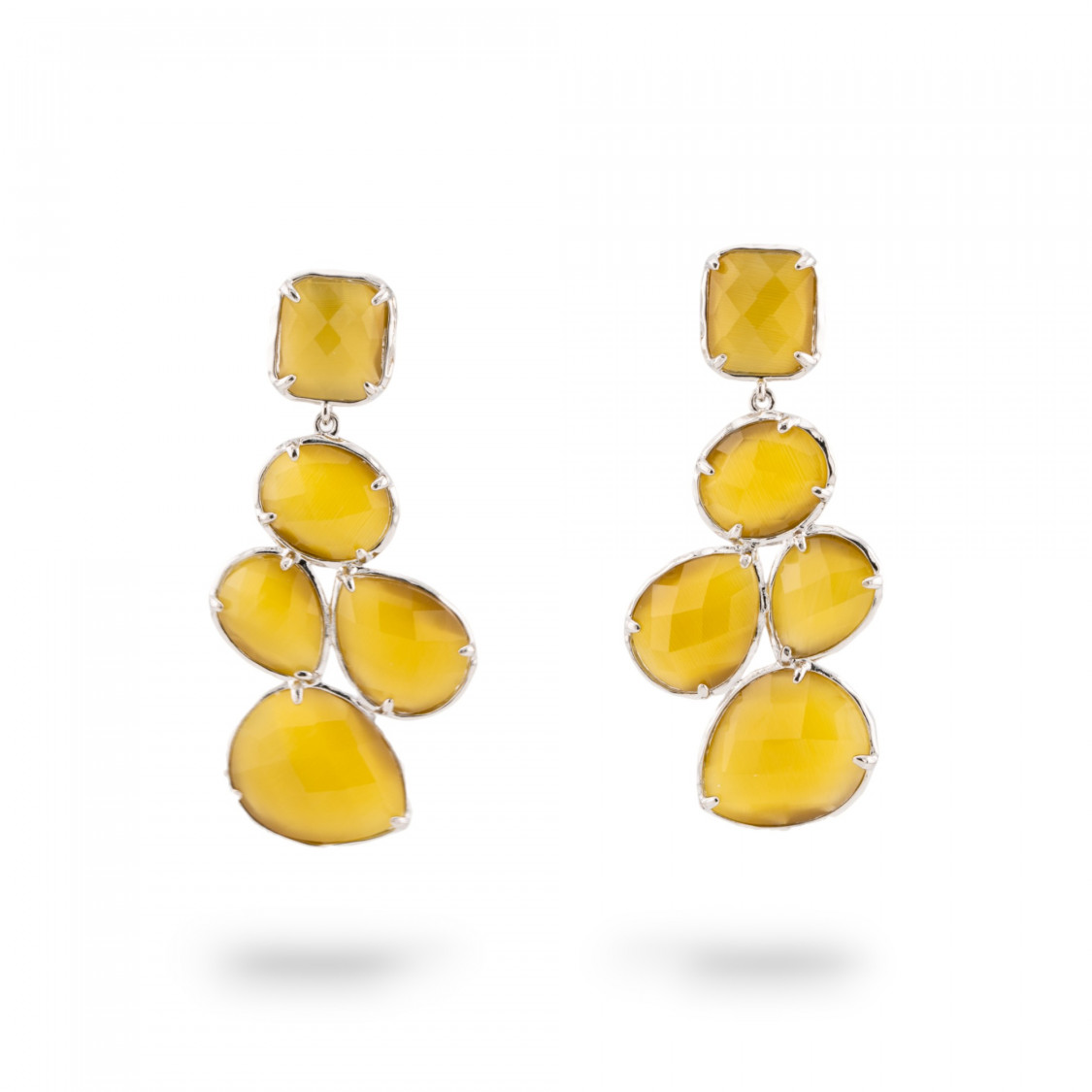 Orecchini Di Bronzo A Perno Con Occhio Di Gatto Incastonato 10 Cabochon 24x53mm Rodiato Giallo-ORECCHINI MADE WITH STYLE | Worldofjewel.com