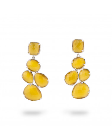 Orecchini Di Bronzo A Perno Con Occhio Di Gatto Incastonato 10 Cabochon 24x53mm Rodiato Giallo-ORECCHINI MADE WITH STYLE | Worldofjewel.com