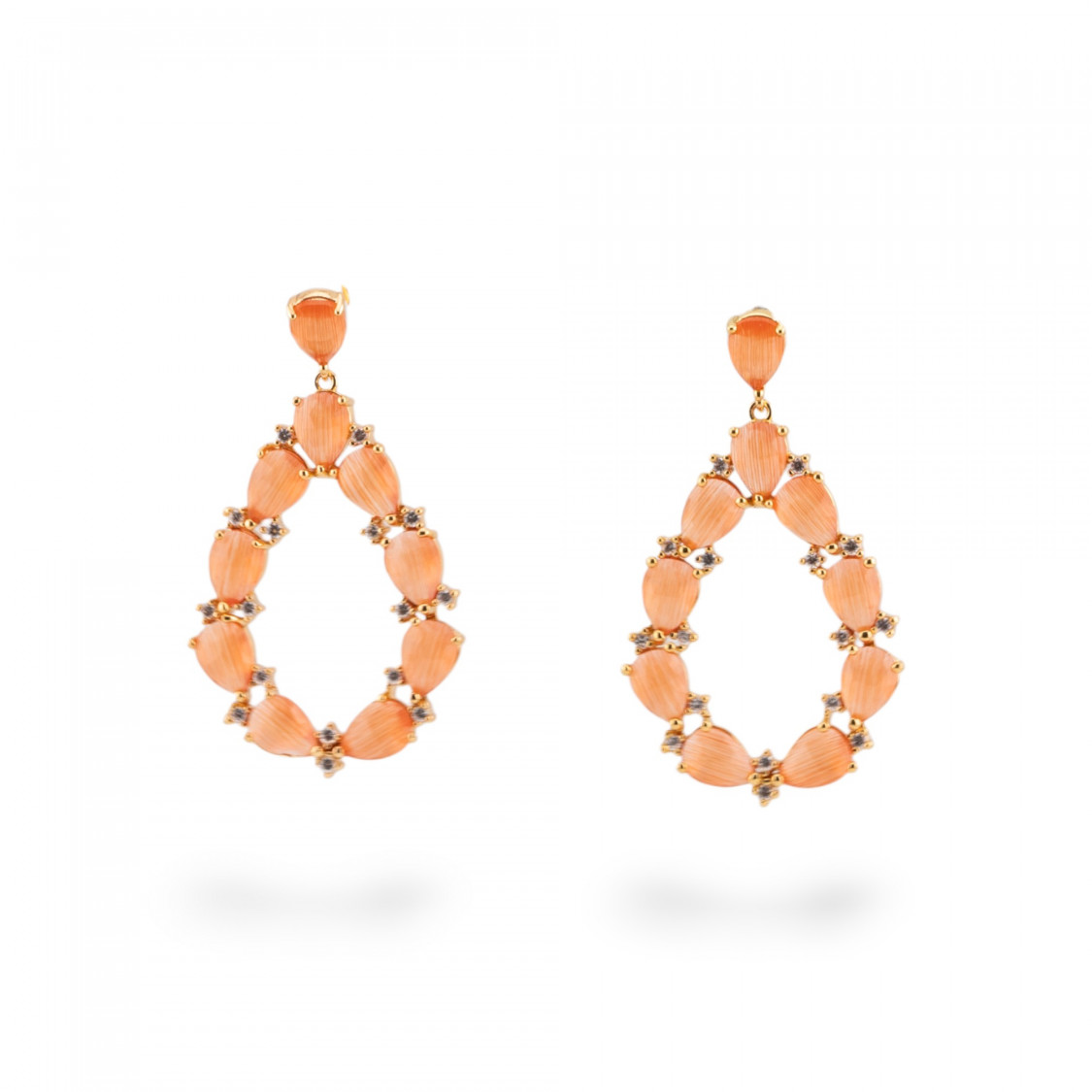 Orecchini Di Bronzo A Perno Con Occhio Di Gatto Incastonato Goccia Con Zirconi 25,5x44mm Dorato Arancio-ORECCHINI MADE WITH STYLE | Worldofjewel.com