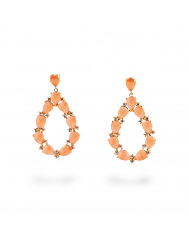 Orecchini Di Bronzo A Perno Con Occhio Di Gatto Incastonato Goccia Con Zirconi 25,5x44mm Dorato Arancio-ORECCHINI MADE WITH STYLE | Worldofjewel.com