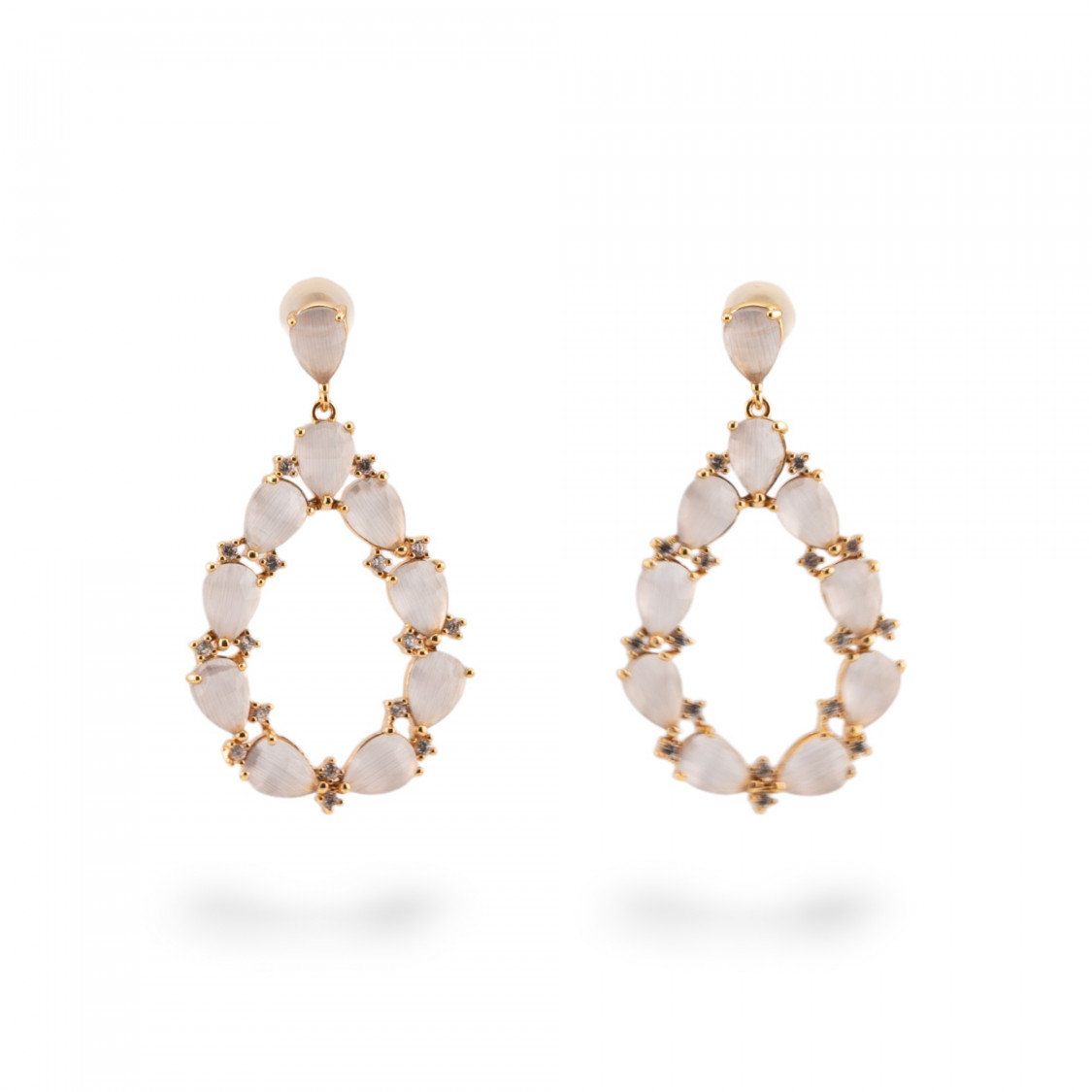 Orecchini Di Bronzo A Perno Con Occhio Di Gatto Incastonato Goccia Con Zirconi 25,5x44mm Dorato Bianco-ORECCHINI MADE WITH STYLE | Worldofjewel.com