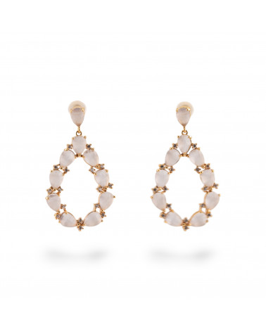 Orecchini Di Bronzo A Perno Con Occhio Di Gatto Incastonato Goccia Con Zirconi 25,5x44mm Dorato Bianco-ORECCHINI MADE WITH STYLE | Worldofjewel.com