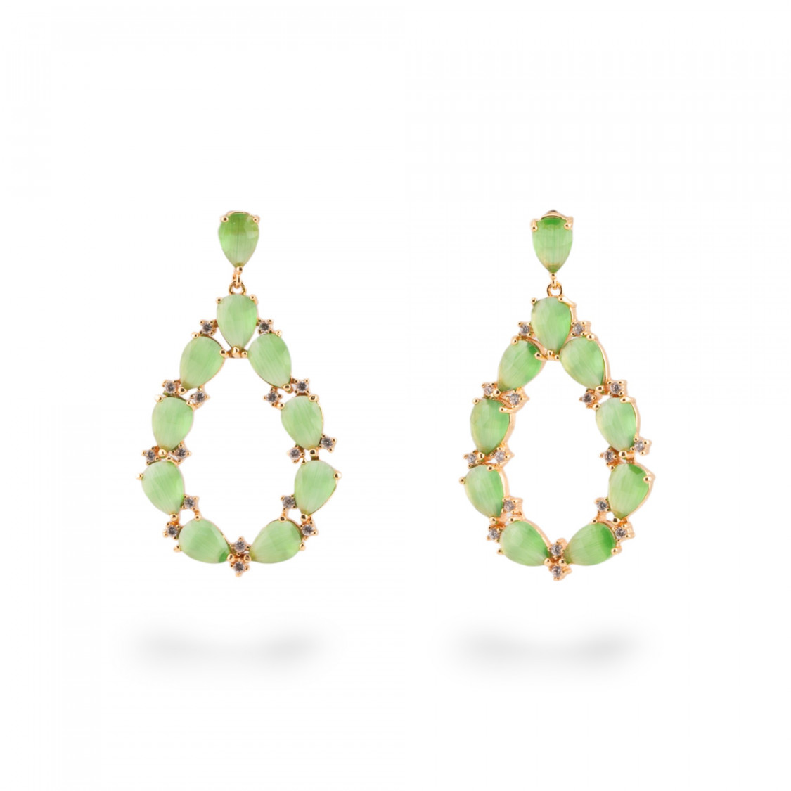 Orecchini Di Bronzo A Perno Con Occhio Di Gatto Incastonato Goccia Con Zirconi 25,5x44mm Dorato Verde Acqua-ORECCHINI MADE WITH STYLE | Worldofjewel.com