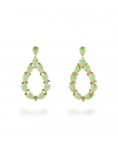 Orecchini Di Bronzo A Perno Con Occhio Di Gatto Incastonato Goccia Con Zirconi 25,5x44mm Dorato Verde Acqua-ORECCHINI MADE WITH STYLE | Worldofjewel.com