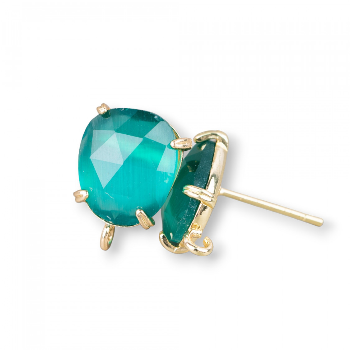 Base Per Orecchini Di Ottone A Perno Con Occhio Di Gatto Sfaccettato 10,5x12mm 5 Paia Dorato Verde Smeraldo-BASES WITH STONES AND BEADS | Worldofjewel.com
