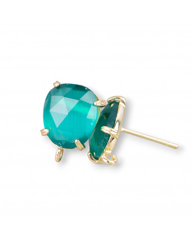Base Per Orecchini Di Ottone A Perno Con Occhio Di Gatto Sfaccettato 10,5x12mm 5 Paia Dorato Verde Smeraldo-BASES WITH STONES AND BEADS | Worldofjewel.com