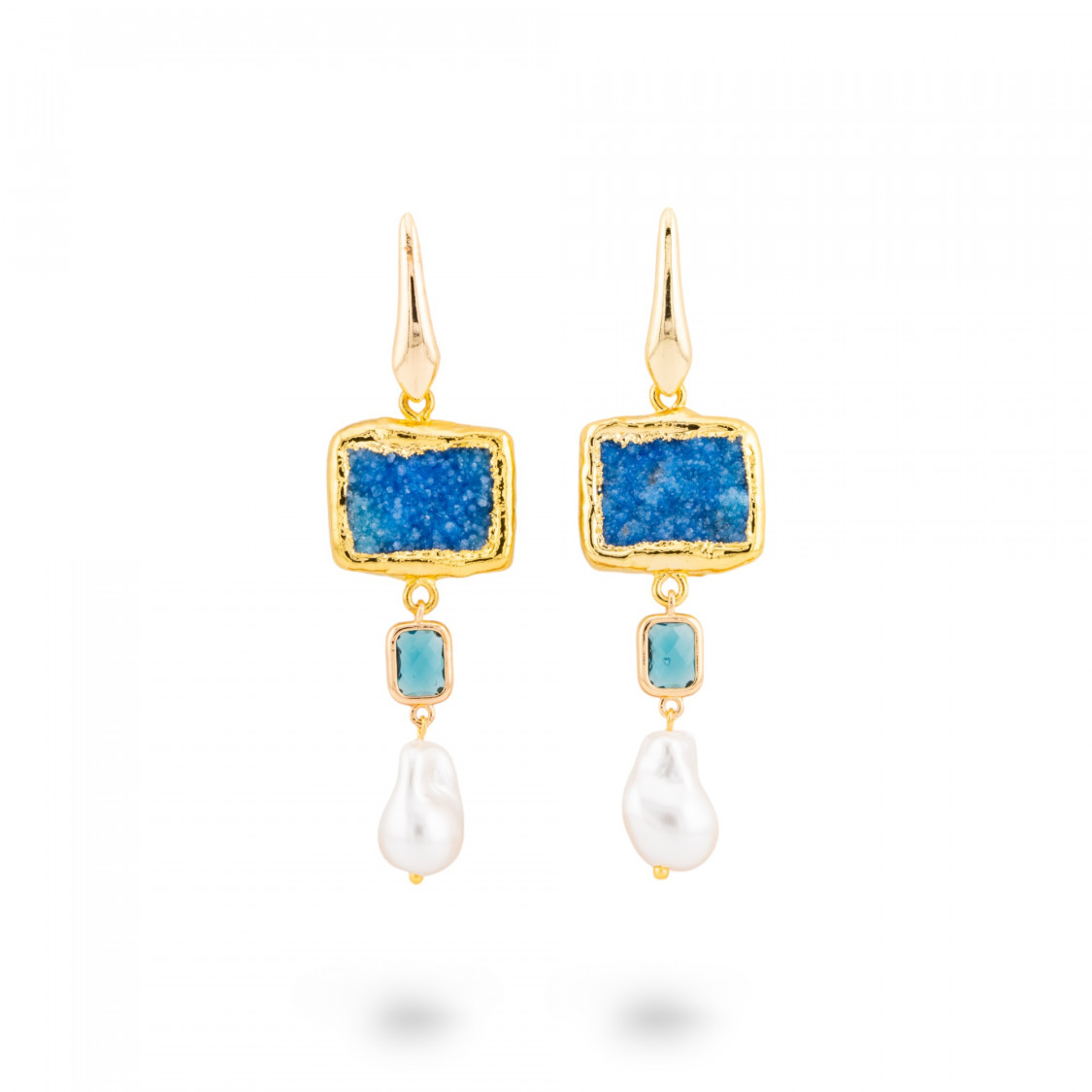 Orecchini A Monachella Di Bronzo Con Pietre Dure Druzi E Perle Di Maiorca - Blu-BRONZO CRYSTAL | Worldofjewel.com