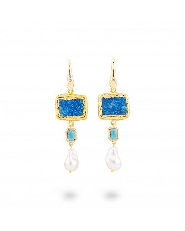 Orecchini A Monachella Di Bronzo Con Pietre Dure Druzi Blu E Perle Di Maiorca-CRYSTAL BRONZE | Worldofjewel.com