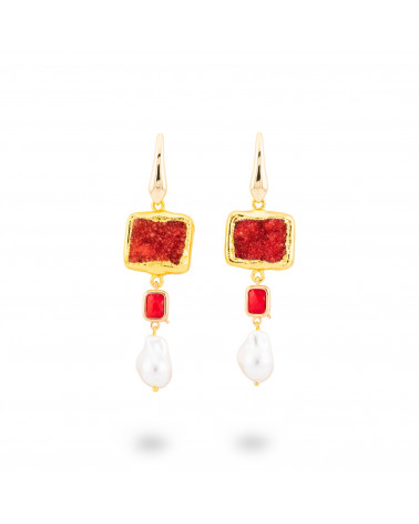 Orecchini A Monachella Di Bronzo Con Pietre Dure Druzi E Perle Di Maiorca - Rossi-BRONZO CRYSTAL | Worldofjewel.com