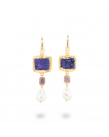 Orecchini A Monachella Di Bronzo Con Pietre Dure Druzi E Perle Di Maiorca - Viola-BRONZO CRYSTAL | Worldofjewel.com