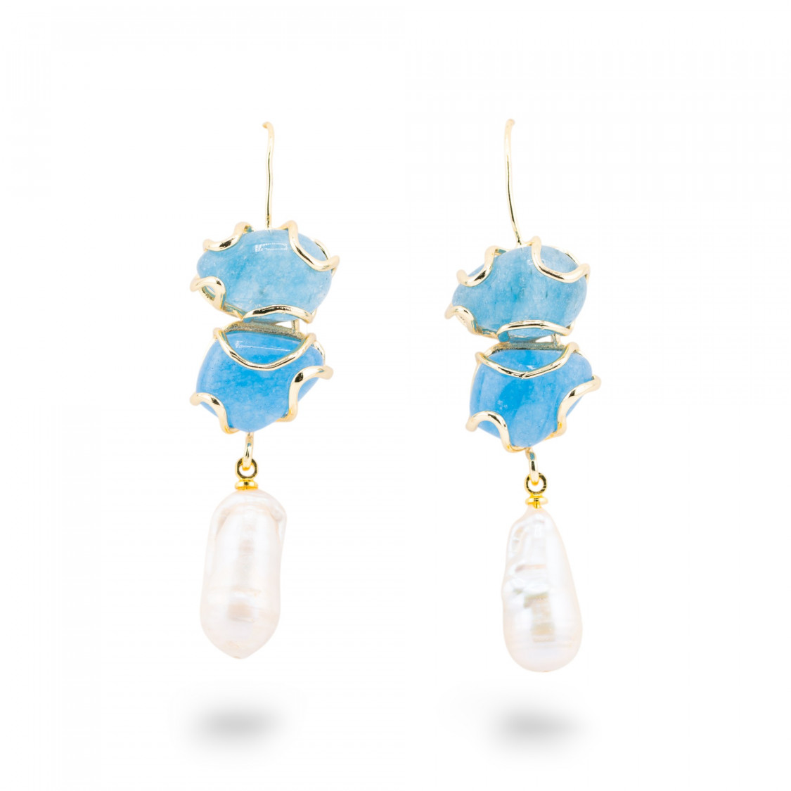 Orecchini A Monachella Di Bronzo Con Pietra Dure E Perle Barocche Dorato - Acquamarina-ORECCHINI HOT PICKS | Worldofjewel.com