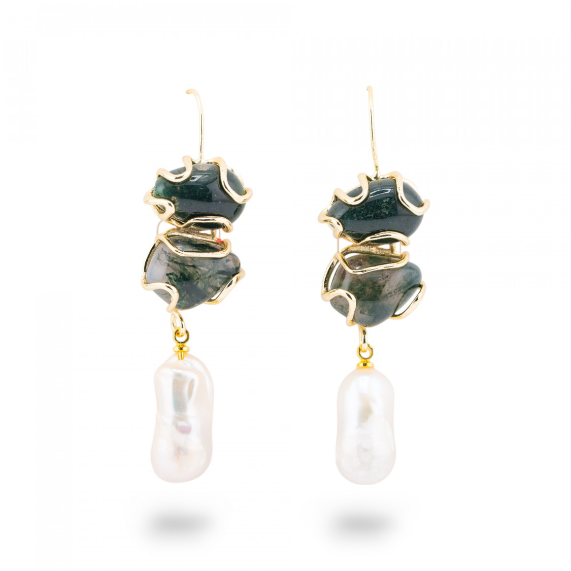 Orecchini A Monachella Di Bronzo Con Pietra Dure E Perle Barocche Dorato - Agata Muschiata Verde-ORECCHINI HOT PICKS | Worldofjewel.com