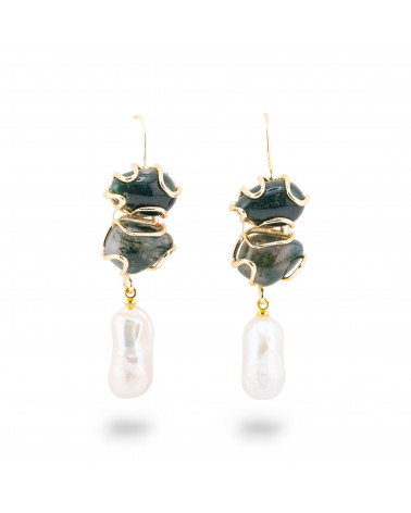 Orecchini A Monachella Di Bronzo Con Pietra Dure E Perle Barocche Dorato - Agata Muschiata Verde-ORECCHINI HOT PICKS | Worldofjewel.com
