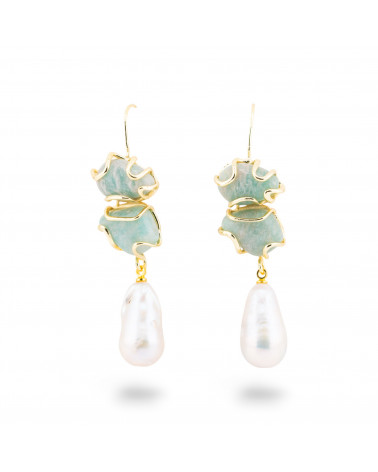 Orecchini A Monachella Di Bronzo Con Pietra Dure E Perle Barocche Dorato - Amazzonite-ORECCHINI HOT PICKS | Worldofjewel.com