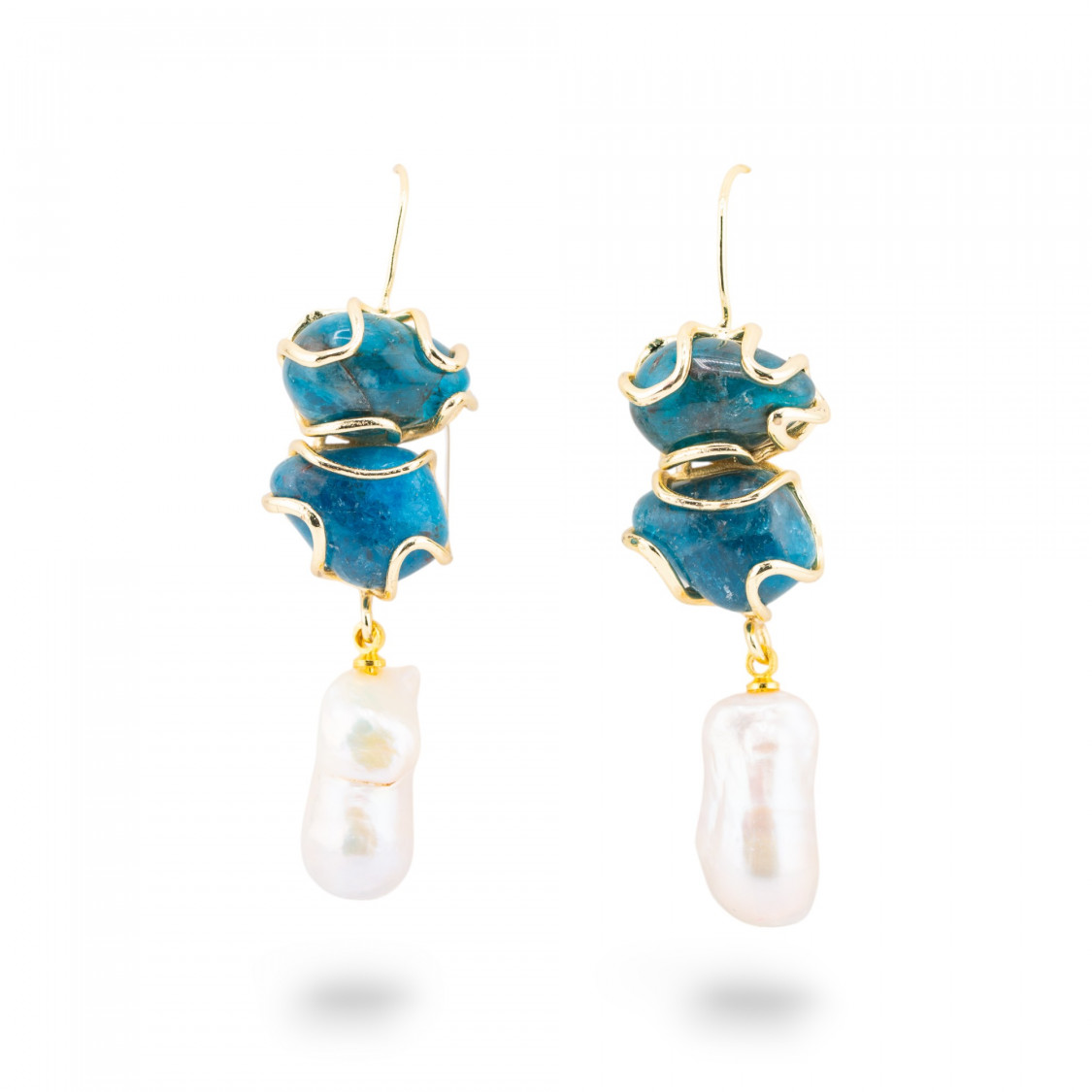 Orecchini A Monachella Di Bronzo Con Pietra Dure E Perle Barocche Dorato - Apatite Blu-ORECCHINI HOT PICKS | Worldofjewel.com