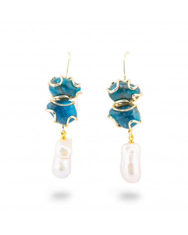 Orecchini A Monachella Di Bronzo Con Pietra Dure E Perle Barocche Dorato - Apatite Blu-ORECCHINI HOT PICKS | Worldofjewel.com
