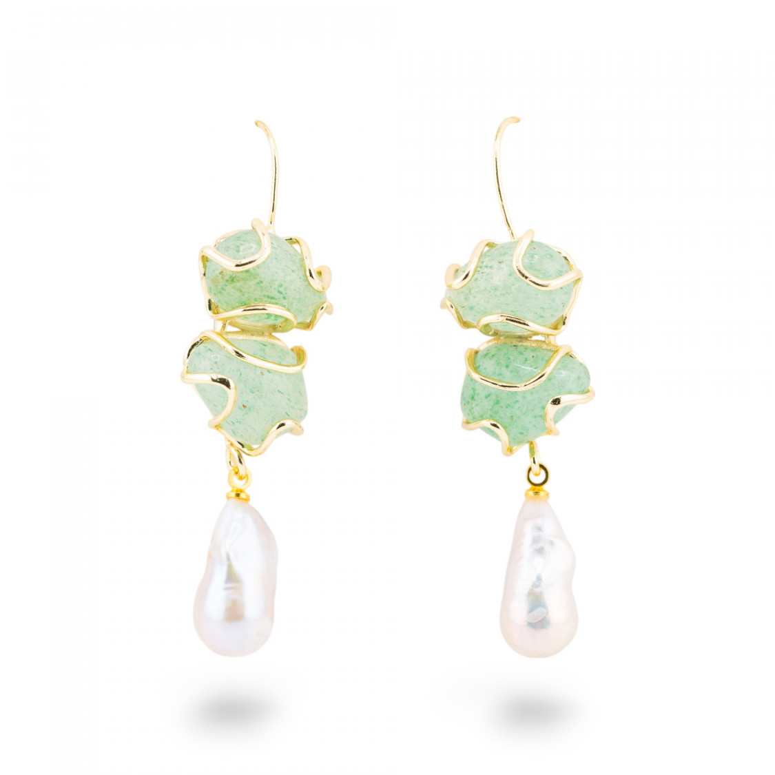 Orecchini A Monachella Di Bronzo Con Pietra Dure E Perle Barocche Dorato - Avventurina-ORECCHINI HOT PICKS | Worldofjewel.com