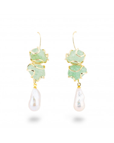 Orecchini A Monachella Di Bronzo Con Pietra Dure E Perle Barocche Dorato - Avventurina-ORECCHINI HOT PICKS | Worldofjewel.com