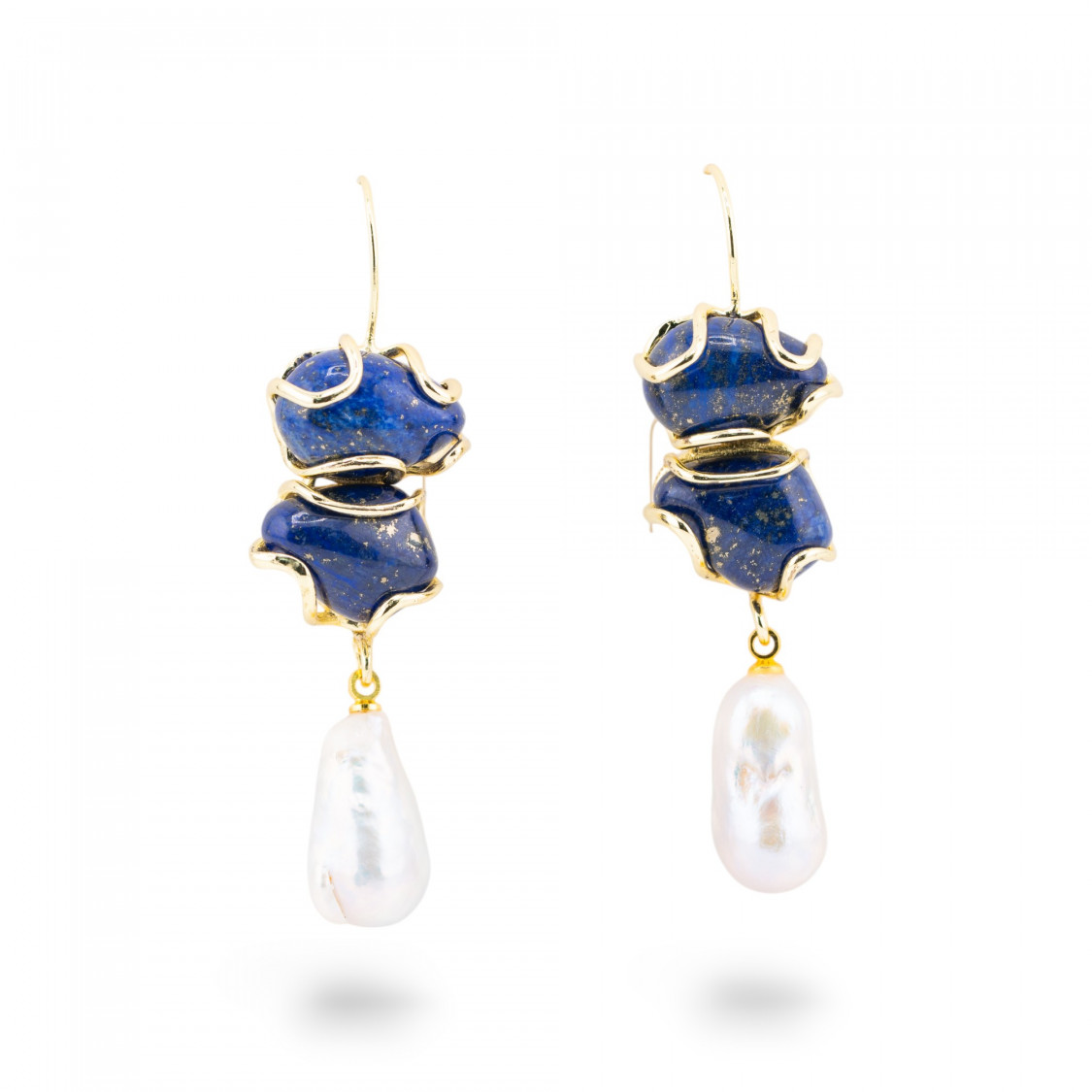Orecchini A Monachella Di Bronzo Con Pietra Dure E Perle Barocche Dorato - Lapislazzuli-ORECCHINI HOT PICKS | Worldofjewel.com