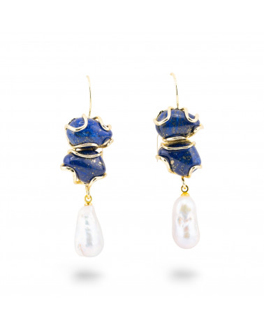 Orecchini A Monachella Di Bronzo Con Pietra Dure E Perle Barocche Dorato - Lapislazzuli-ORECCHINI HOT PICKS | Worldofjewel.com
