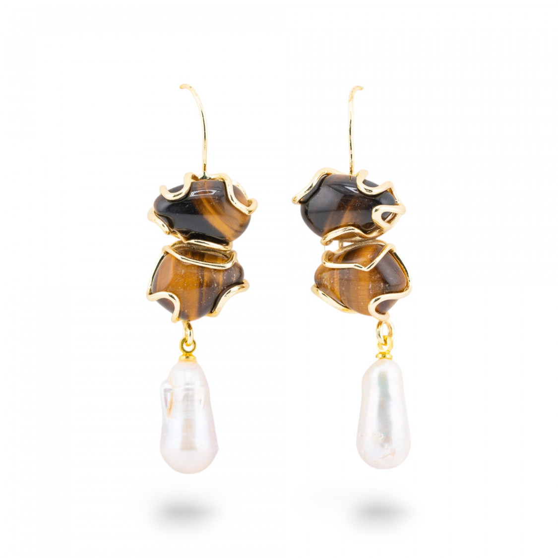 Orecchini A Monachella Di Bronzo Con Pietra Dure E Perle Barocche Dorato - Occhio di Tigre-ORECCHINI HOT PICKS | Worldofjewel.com
