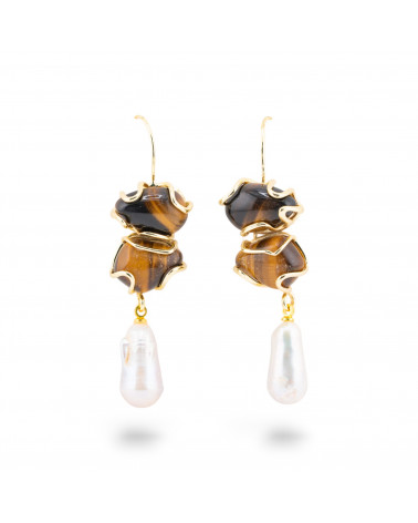 Orecchini A Monachella Di Bronzo Con Pietra Dure E Perle Barocche Dorato - Occhio di Tigre-ORECCHINI HOT PICKS | Worldofjewel.com