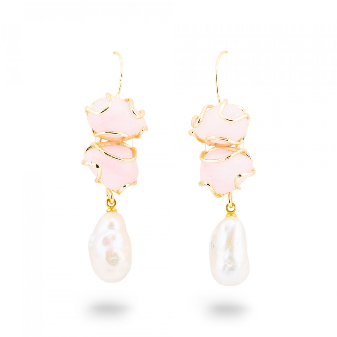 Orecchini A Monachella Di Bronzo Con Pietra Dure E Perle Barocche Dorato - Opale Rosa-ORECCHINI HOT PICKS | Worldofjewel.com