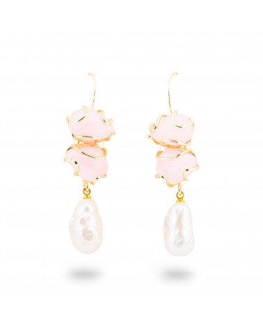 Orecchini A Monachella Di Bronzo Con Pietra Dure E Perle Barocche Dorato - Opale Rosa-ORECCHINI HOT PICKS | Worldofjewel.com
