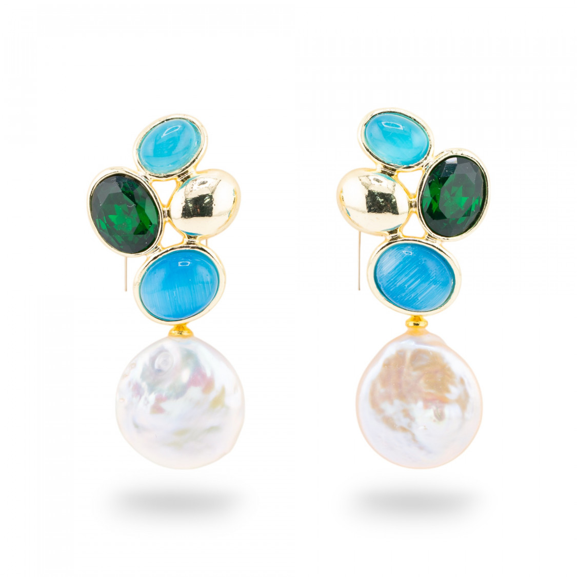 Orecchini Perno Di Bronzo Con Cristalli CZ e Occhio Di Gatto Con Perle Di Fiume Azzurro e Smeraldo-BRONZO CRYSTAL | Worldofjewel.com