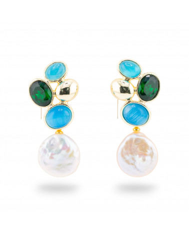 Orecchini Perno Di Bronzo Con Cristalli CZ e Occhio Di Gatto Con Perle Di Fiume Azzurro e Smeraldo-BRONZO CRYSTAL | Worldofjewel.com