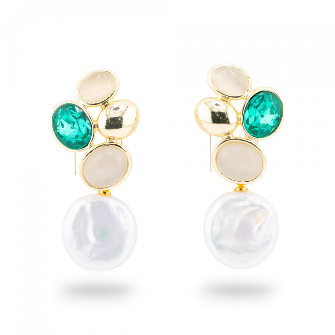Orecchini Perno Di Bronzo Con Cristalli CZ e Occhio Di Gatto Con Perle Di Fiume Bianco e Verde-CRYSTAL BRONZE | Worldofjewel.com