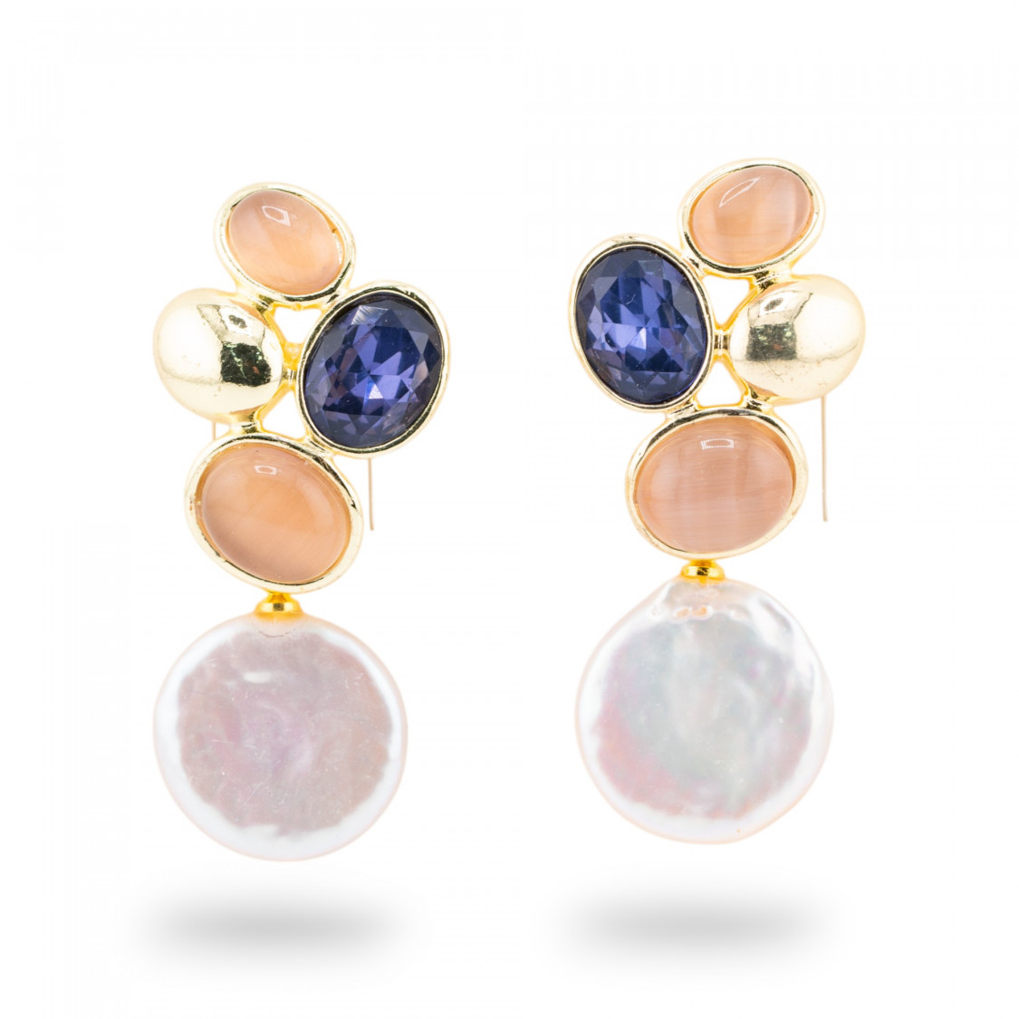 Orecchini Perno Di Bronzo Con Cristalli CZ e Occhio Di Gatto Con Perle Di Fiume Rosa e Blu-KRISTALLBRONZE | Worldofjewel.com