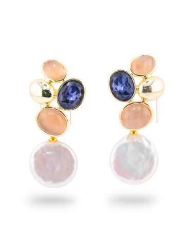 Orecchini Perno Di Bronzo Con Cristalli CZ e Occhio Di Gatto Con Perle Di Fiume Rosa e Blu-KRISTALLBRONZE | Worldofjewel.com