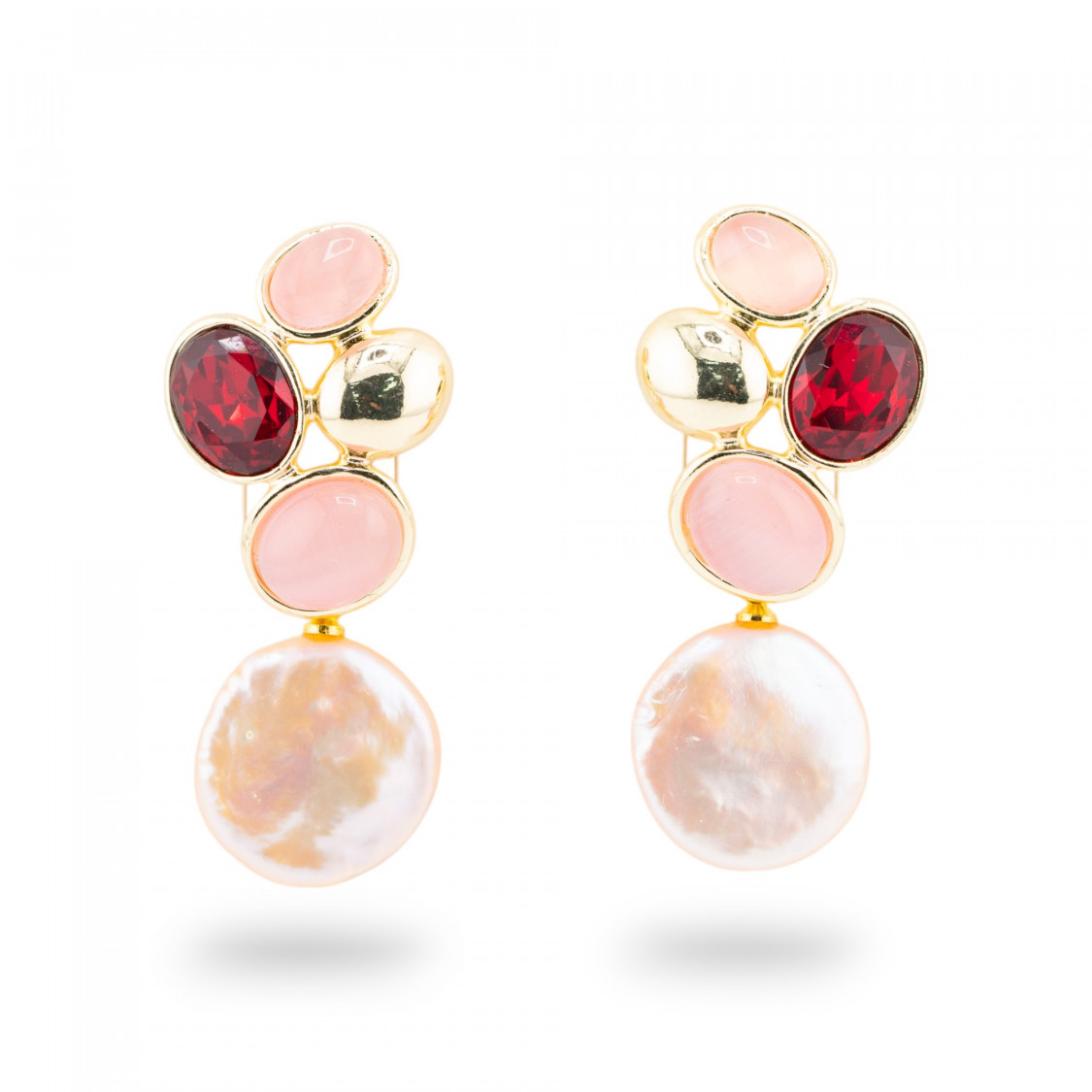 Orecchini Perno Di Bronzo Con Cristalli CZ e Occhio Di Gatto Con Perle Di Fiume Rosa e Rosso-BRONCE CRISTAL | Worldofjewel.com