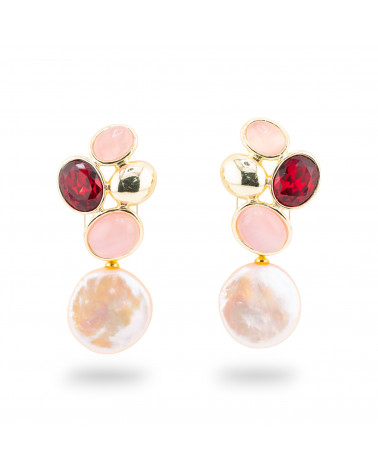 Orecchini Perno Di Bronzo Con Cristalli CZ e Occhio Di Gatto Con Perle Di Fiume Rosa e Rosso-BRONCE CRISTAL | Worldofjewel.com