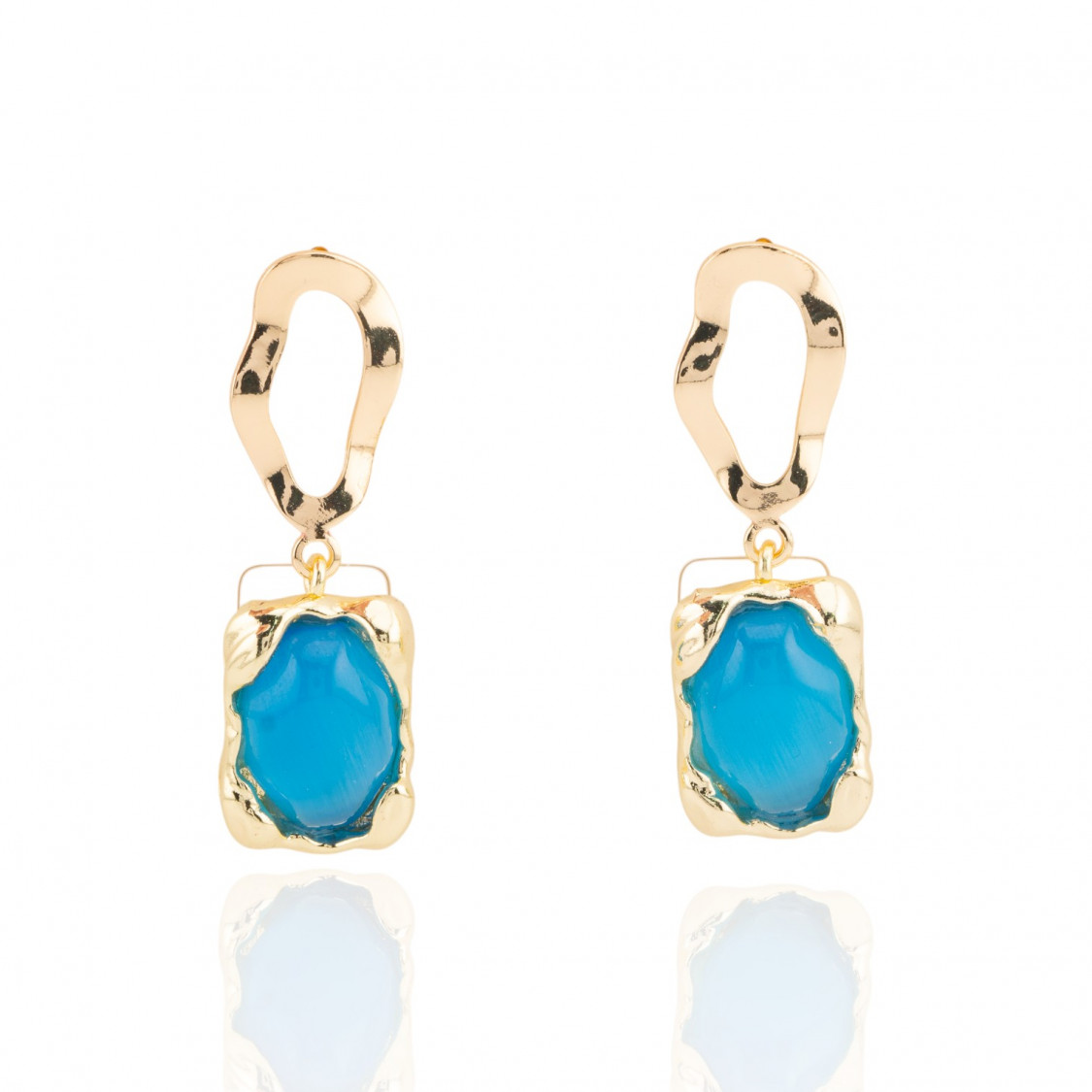 Orecchini A Perno Ondulato Di Bronzo Con Occhio Di Gatto Incastonato 13x40mm Azzurro-ORECCHINI MADE WITH STYLE | Worldofjewel.com