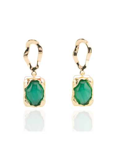 Orecchini A Perno Ondulato Di Bronzo Con Occhio Di Gatto Incastonato 13x40mm Verde Smeraldo-ORECCHINI MADE WITH STYLE | Worldofjewel.com
