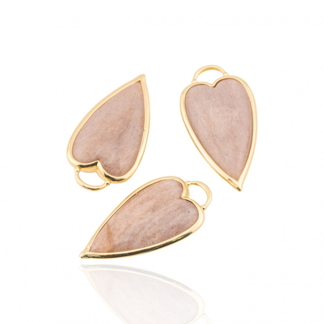 Connettore Componente Pendente Di Ottone Forma di Cuore Con Pietre Dure 18x36mm 3pz Dorato Pietra Di Luna Rosa- MANGO | Worldofjewel.com
