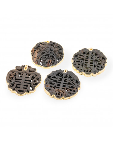 Componente Di Giadeite Incisa 50-65mm Bordato Oro 1pz Nero Disegno Random-COMPONENTI DI GIADEITE | Worldofjewel.com