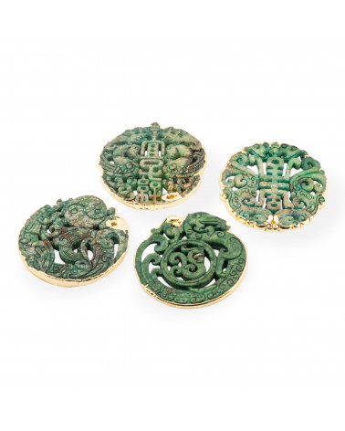 Componente Di Giadeite Incisa 50-65mm Bordato Oro 1pz Verde Disegno Random-JADEITE COMPONENTS | Worldofjewel.com