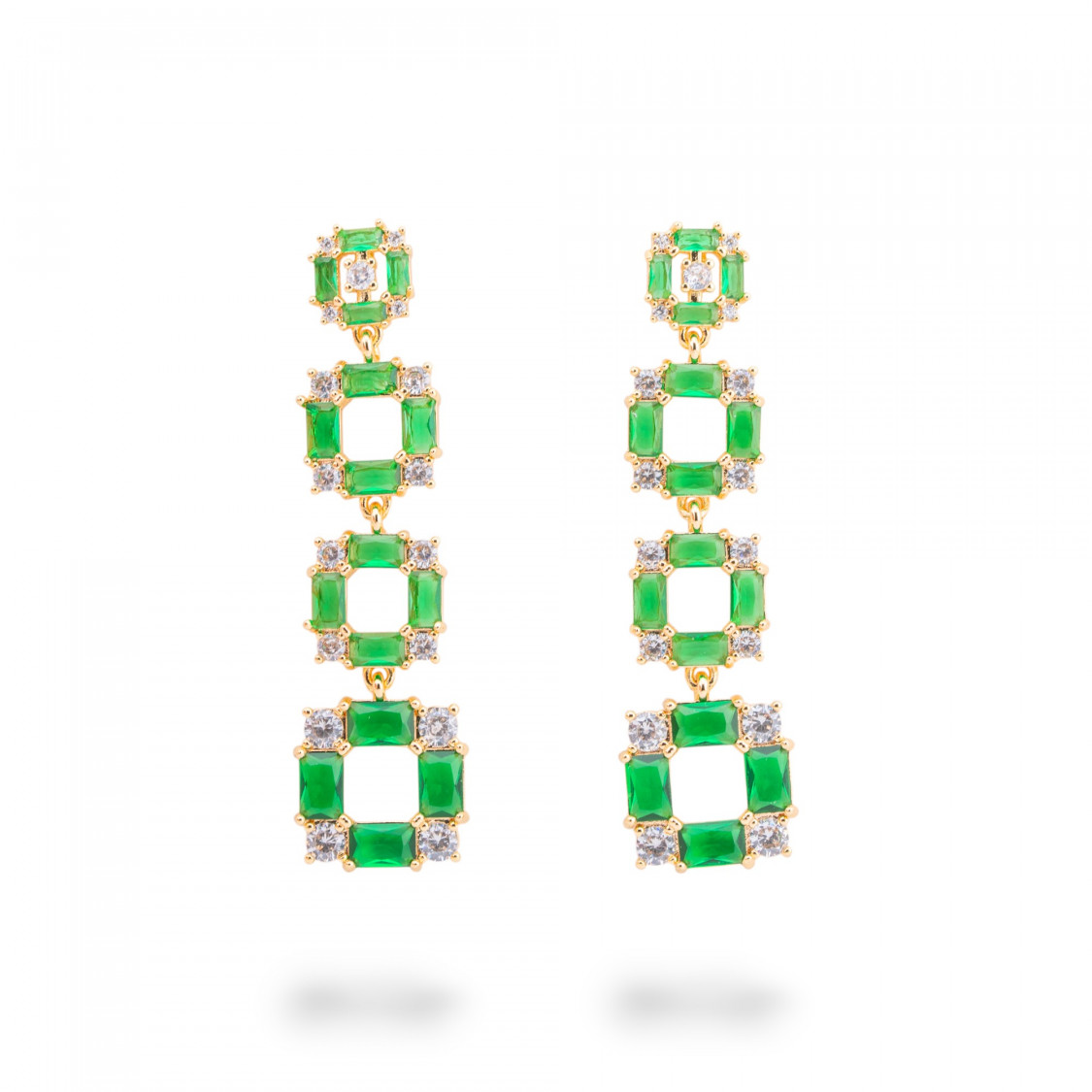 Orecchini Di Bronzo Con Cabochon Di Cristalli CZ 15x60mm Dorato Verde-BRONZO CRYSTAL | Worldofjewel.com
