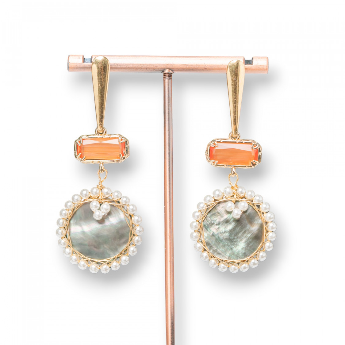 Orecchini A Perno Di Argento 925 Con Occhi Di Gatto E Madreperla 26x65mm Arancio-ORECCHINI 925 SILVER HANDMADE | Worldofjewel.com