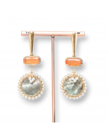 Orecchini A Perno Di Argento 925 Con Occhi Di Gatto E Madreperla 26x65mm Arancio-ORECCHINI 925 SILVER HANDMADE | Worldofjewel.com
