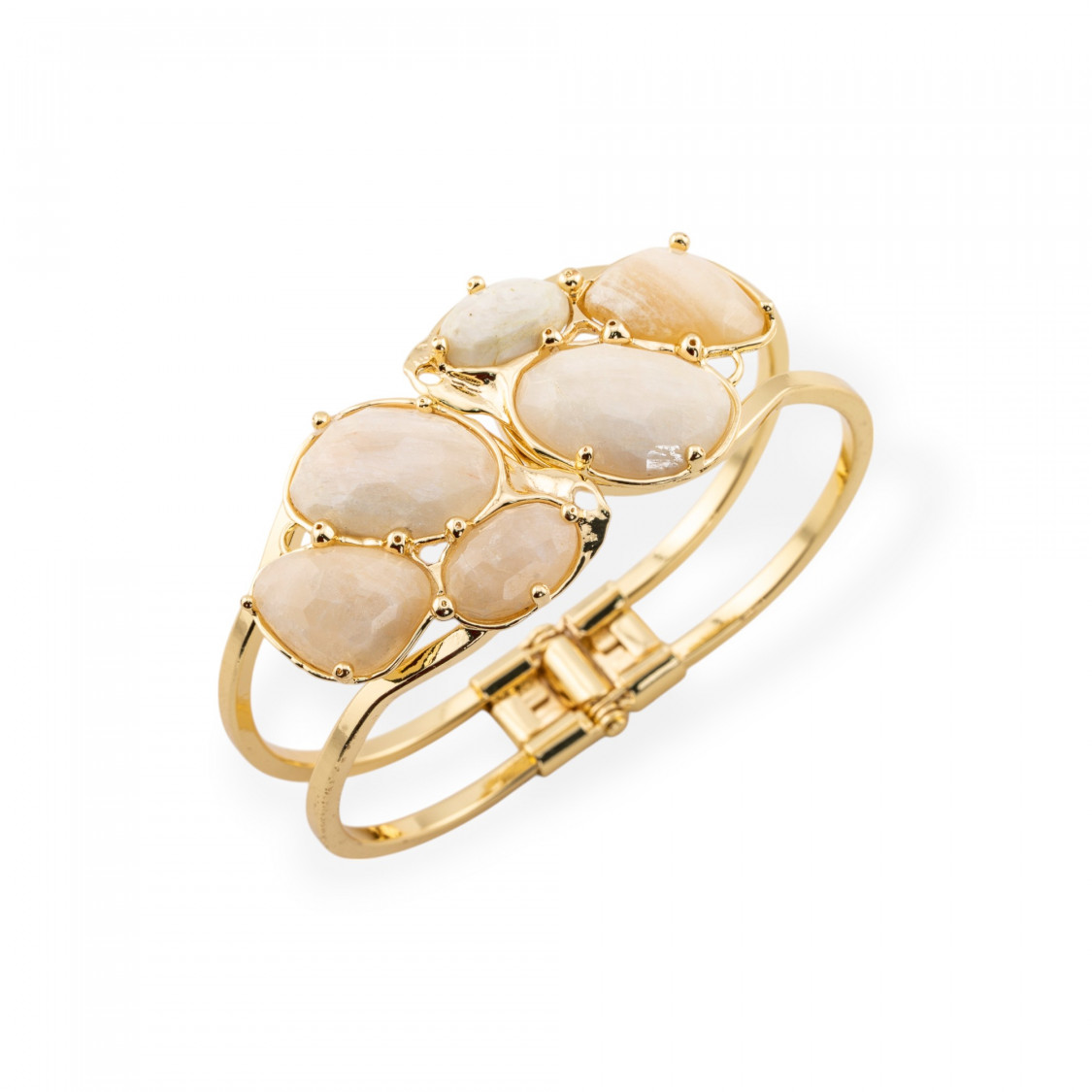 Bracciale Di Bronzo E Centrale Di Pietre Dure Incastonate 45x65mm Dorato Pietra Di Luna Bianca-BRACCIALI BRONZO E OCCHIO DI GATTO | Worldofjewel.com