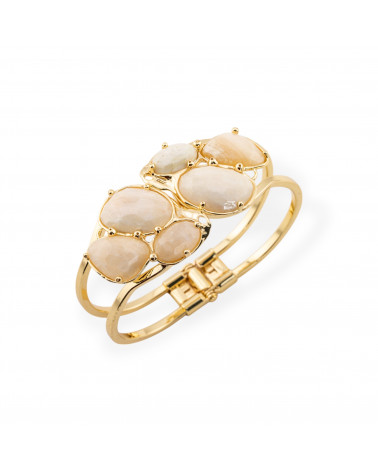 Bracciale Di Bronzo E Centrale Di Pietre Dure Incastonate 45x65mm Dorato Pietra Di Luna Bianca-BRACCIALI BRONZO E OCCHIO DI GATTO | Worldofjewel.com